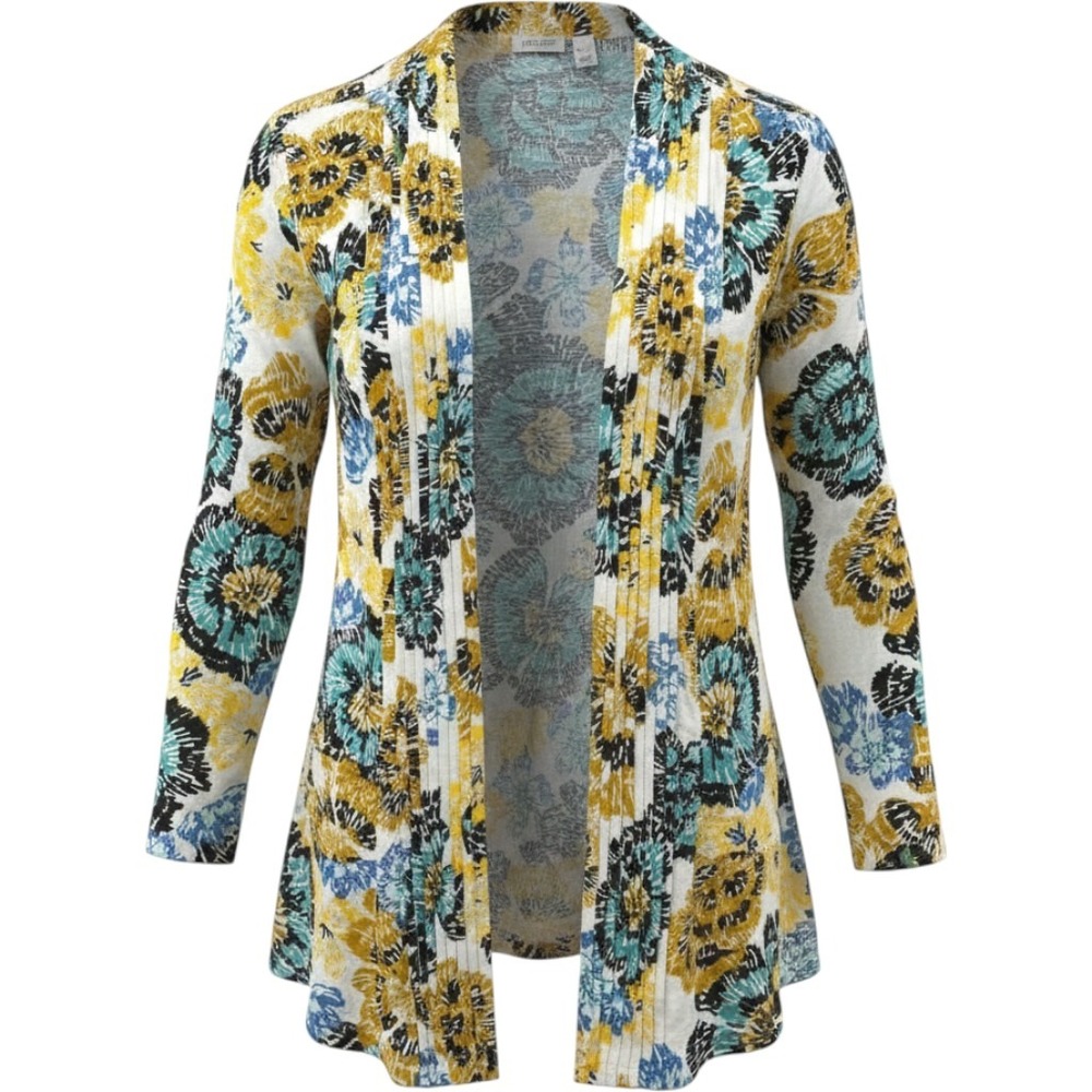 LOGO Lori‎ Goldstein Cardigan Women XL Yellow Floral Open Front Boho Artsy
